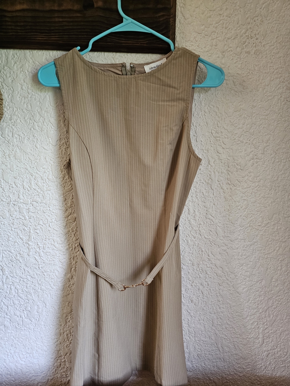 NWT Sleeveless Beige Pinstripe Belted Dress